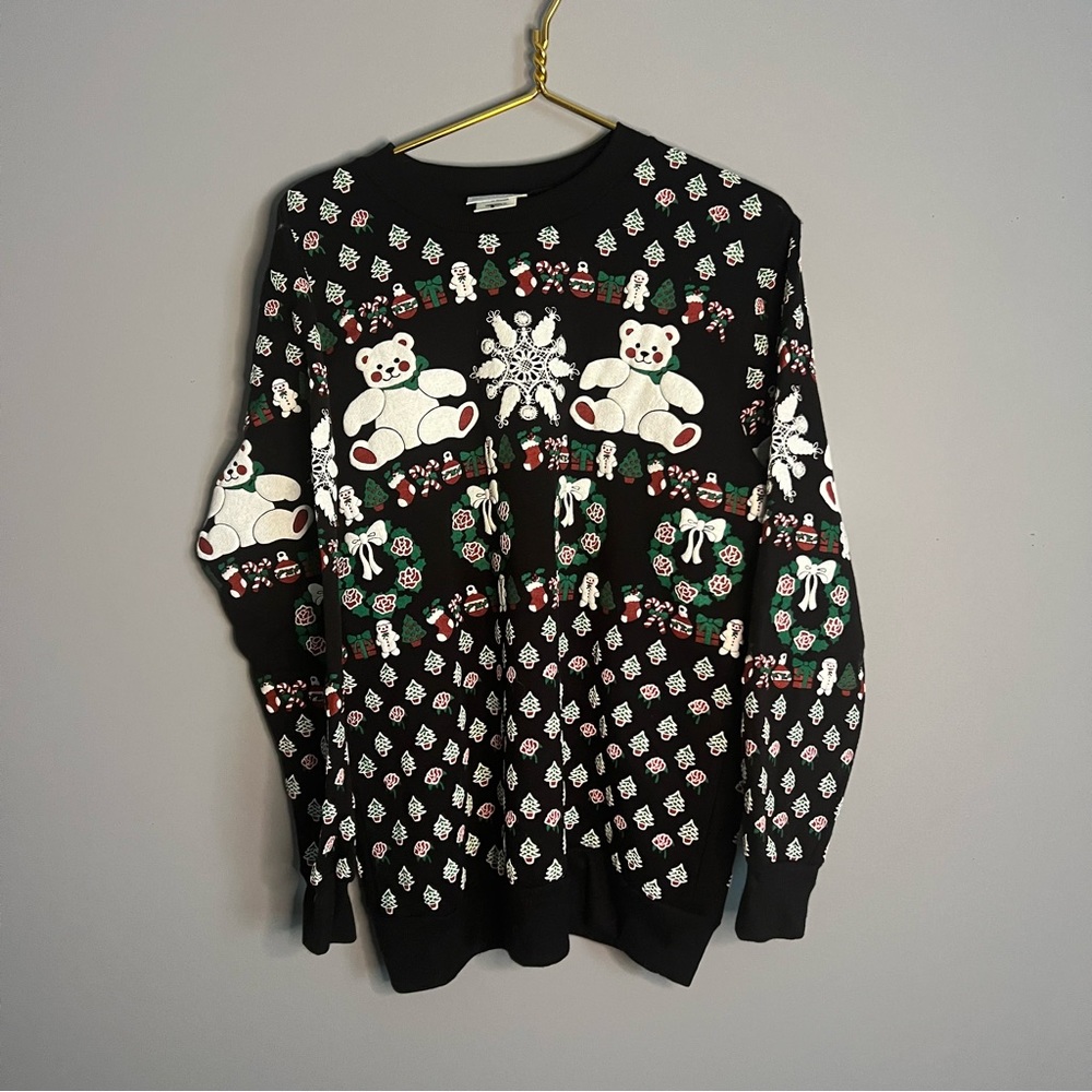 Vintage 80s 90s Puffy Christmas Sweatshirt Bears‎ Trees Presents Tacky Mock Neck
